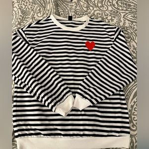 Long sleeve, black and white striped T-shirt with red Heart